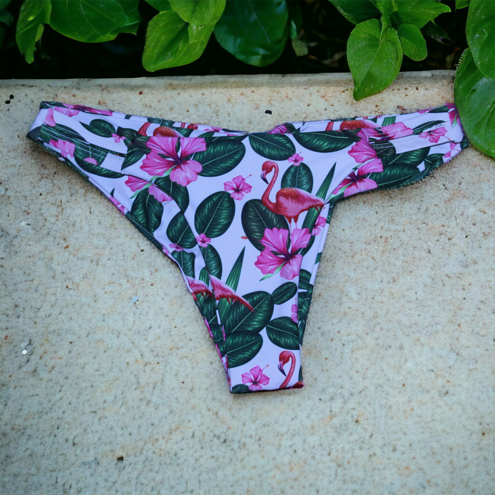 White Pink Flamingo Hibiscus Flower Bikini Swimsuit Bottom Women's Size S